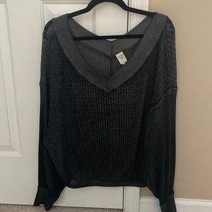 Free People Grey V Neck Textured Long Sleeve
